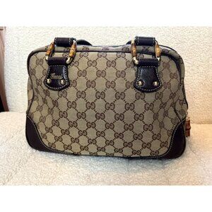 Authentic Gucci Beige/Ebony GG Canvas Bamboo Hardware | Medium Size Handbag